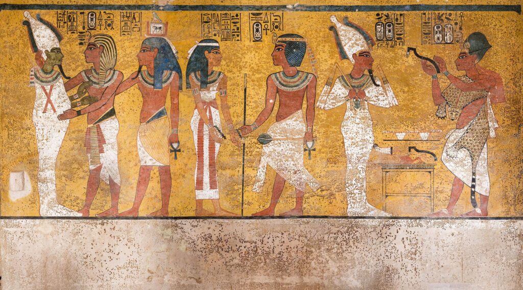 The Opening of the Mouth Ceremony on the deceased King. Scene from the Burial Chamber of Tutankhamun