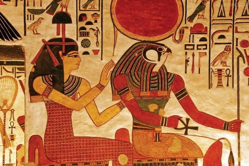 Imentet-Hathor with Ra-Horakhty, wall painting from the Tomb of Nefertari