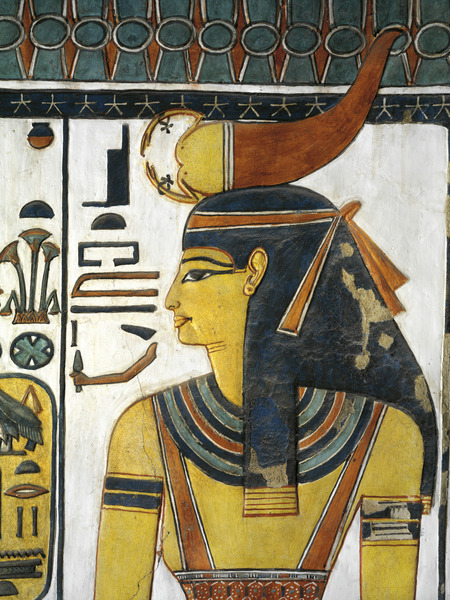 Painting of the protective goddess Serket. She is identified by a scorpion atop her head ― a symbol that transcribes the goddess' name.