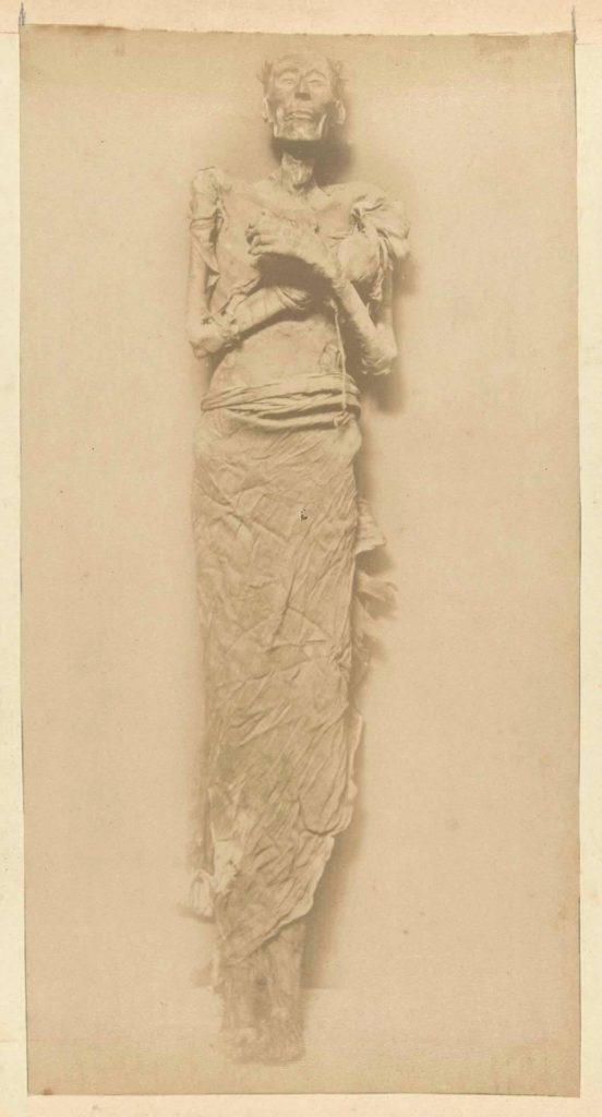 Mummified body of Ramesses II wrapped in linen with arms crossed over the chest, c.1880-1900.